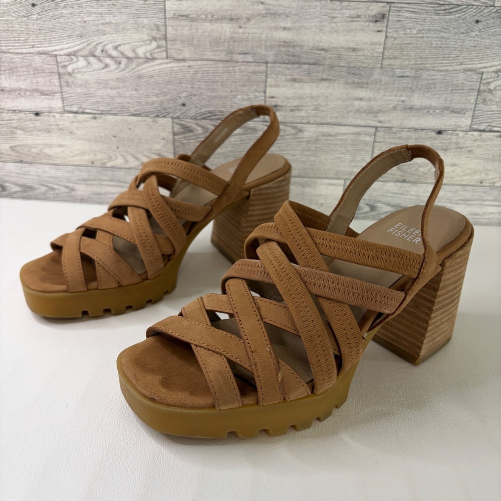 Eileen Fisher Platform Sandals Women 7 Tan Strappy Block Heel Lug Sole